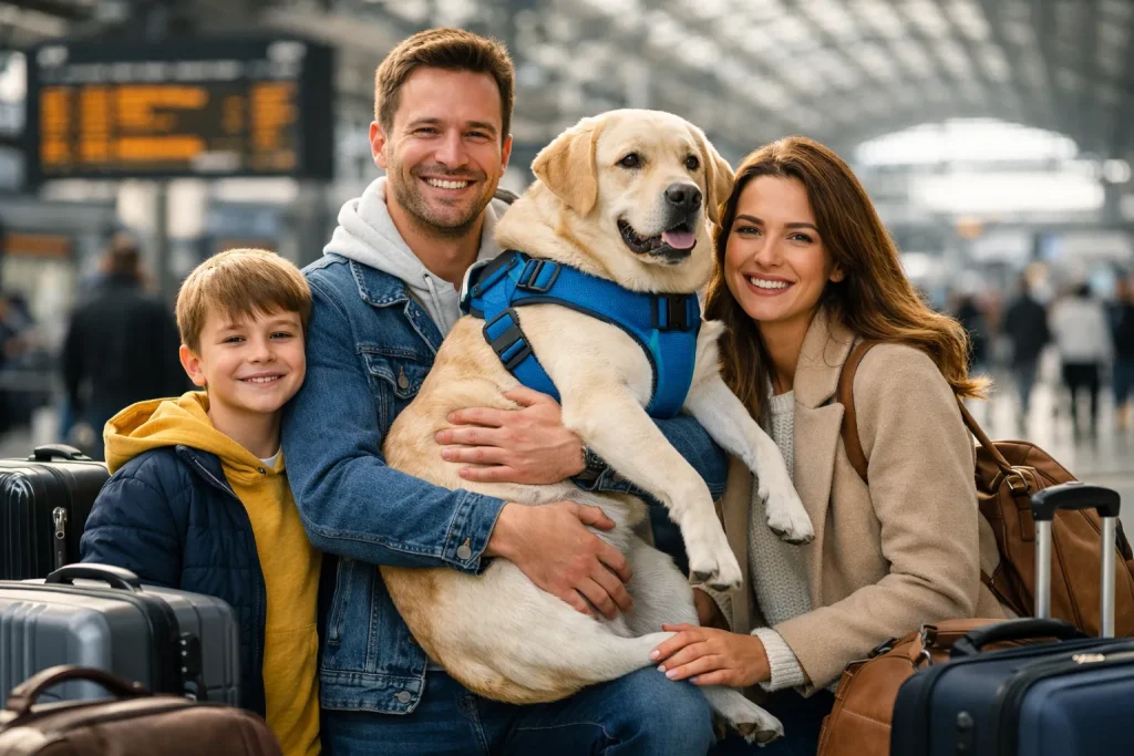 famille avec labrador dans une gare sncf à paris avec valises et harnais bleu voyage avec chien train