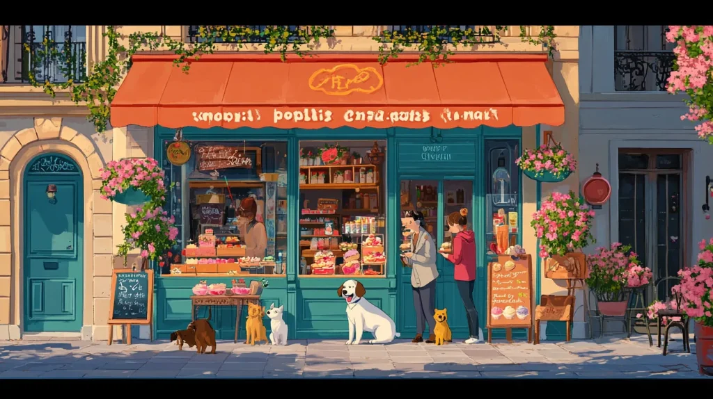 Taxi canin Paris : chiens devant une boulangerie colorée avec leurs propriétaires