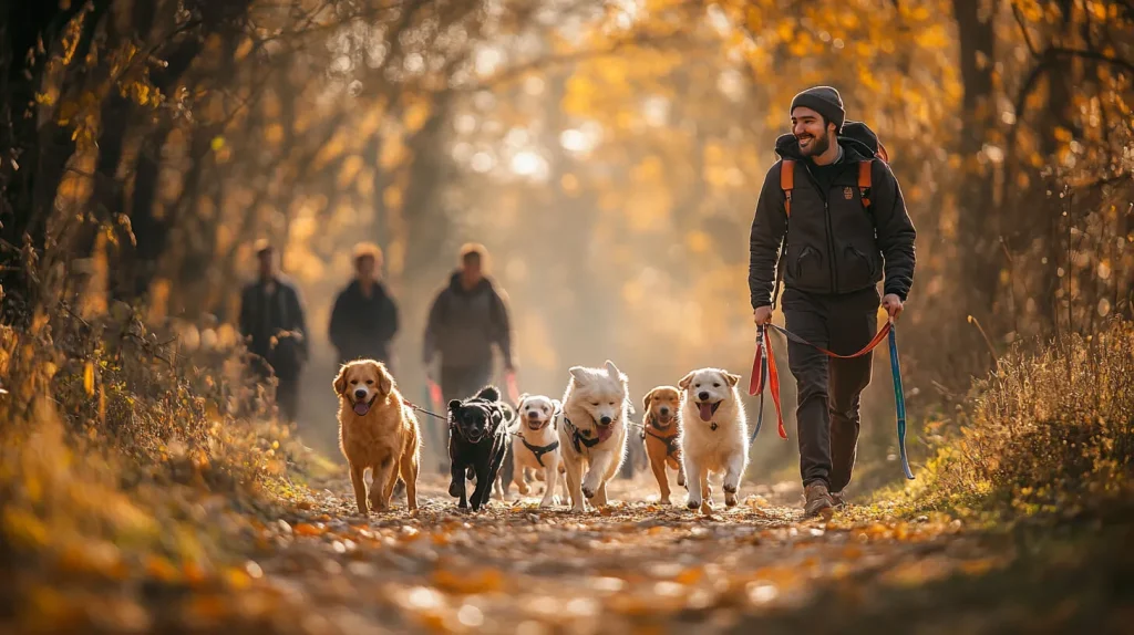 Taxi canin Paris : dog walker promenant une meute de chiens en forêt par une journée ensoleillée