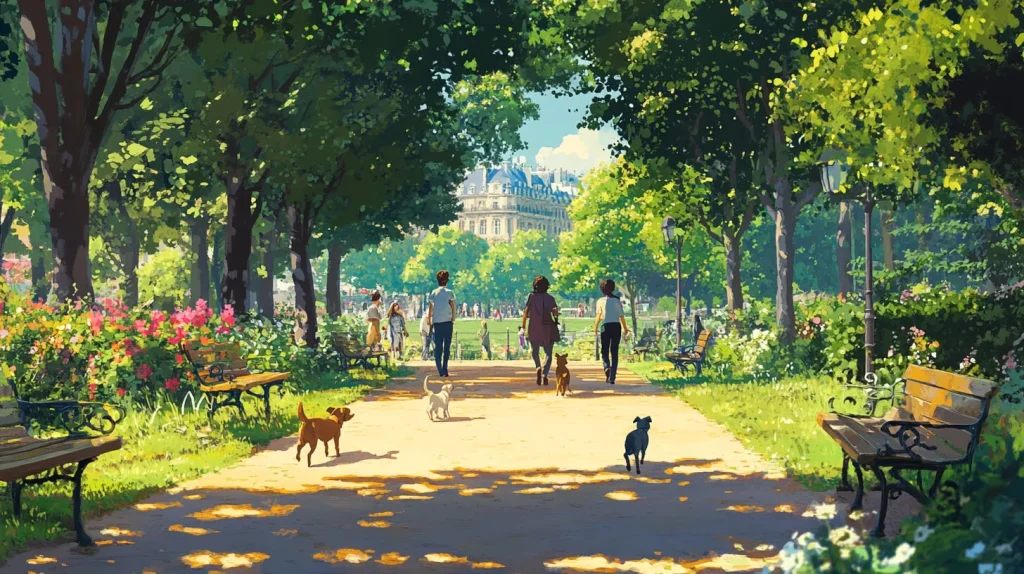 Taxi canin Paris : chiens et promeneurs dans un parc arboré parisien sous un beau soleil
