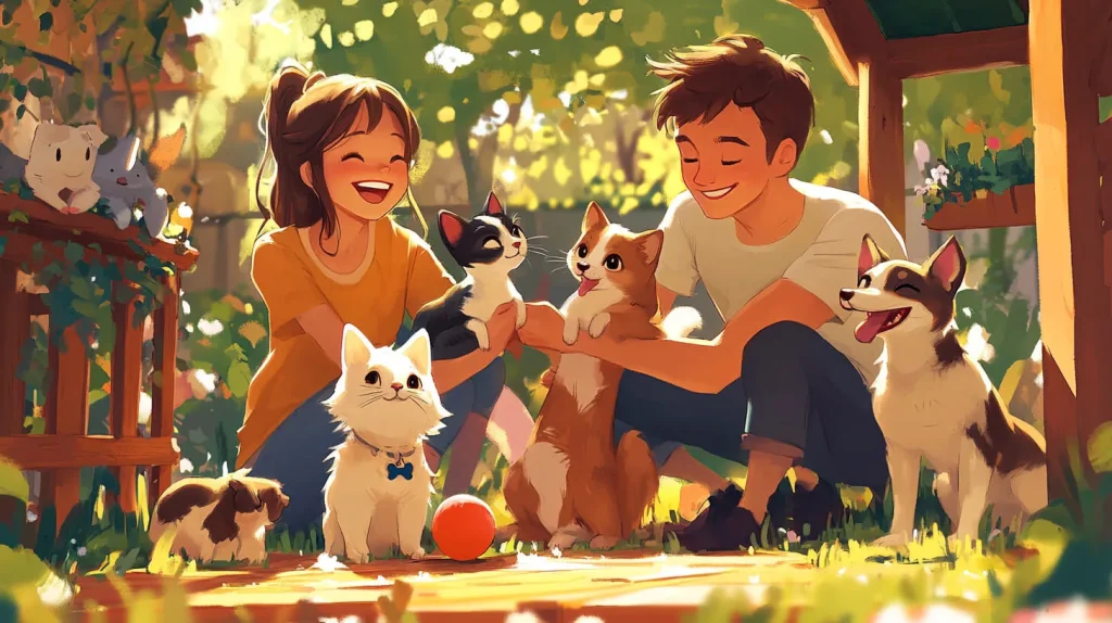 Grand jardin à Paris avec un homme et une femme pet sitters, plusieurs chiens et chats heureux, chiens jouant ensemble avec ballons et jouets