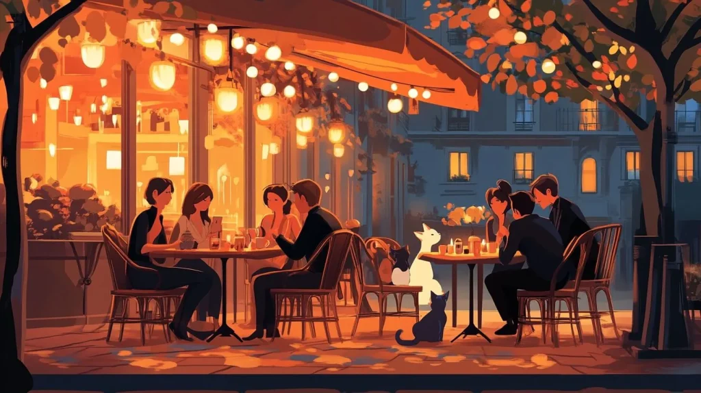 Taxi canin Paris : chiens et chats assis près des clients en terrasse d’un restaurant chic et chaleureux