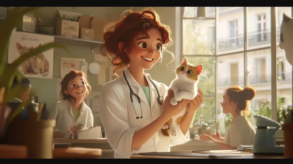 Salle d'attente d'un cabinet vétérinaire à Paris avec des personnes souriantes et leurs animaux, vétérinaire douce et souriante tenant un chat