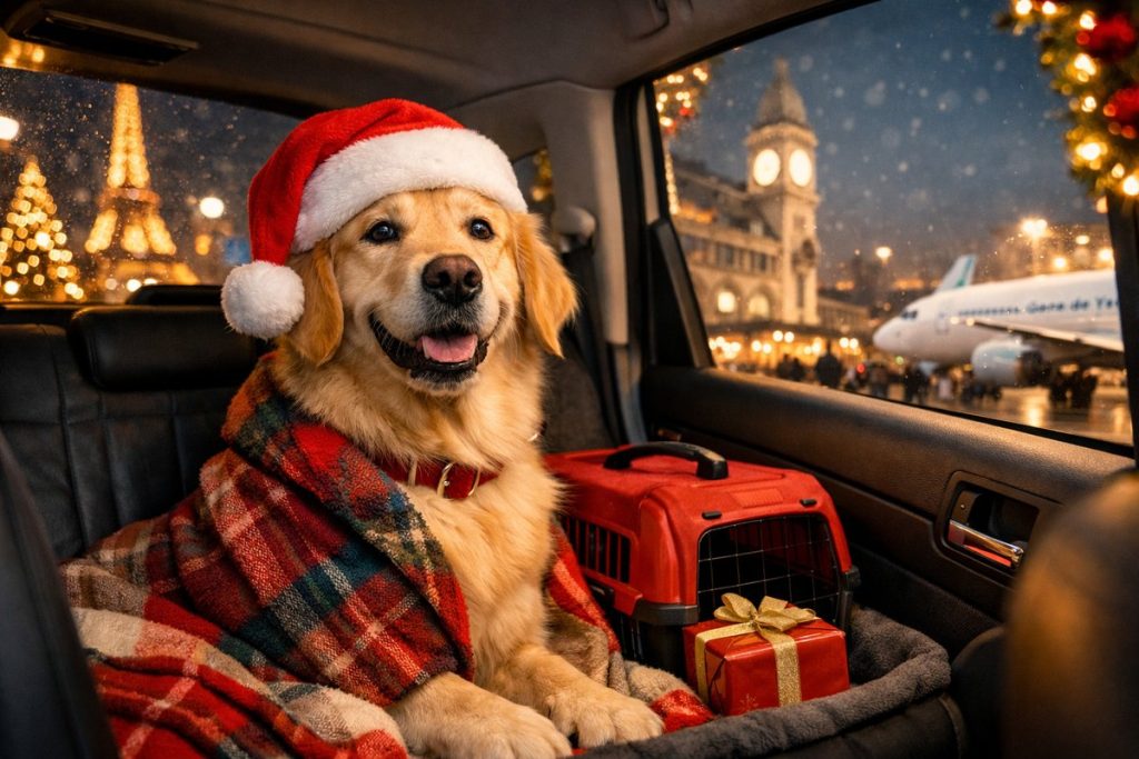 Chien voyageant en taxi animalier à Paris à Noël vers une gare ou un aéroport