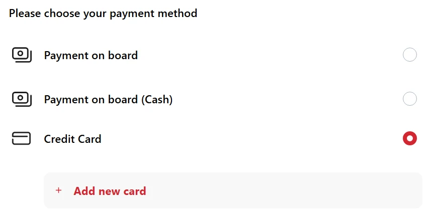 Pet taxi / dog taxi payment method selection screen (card, cash, payment on board).