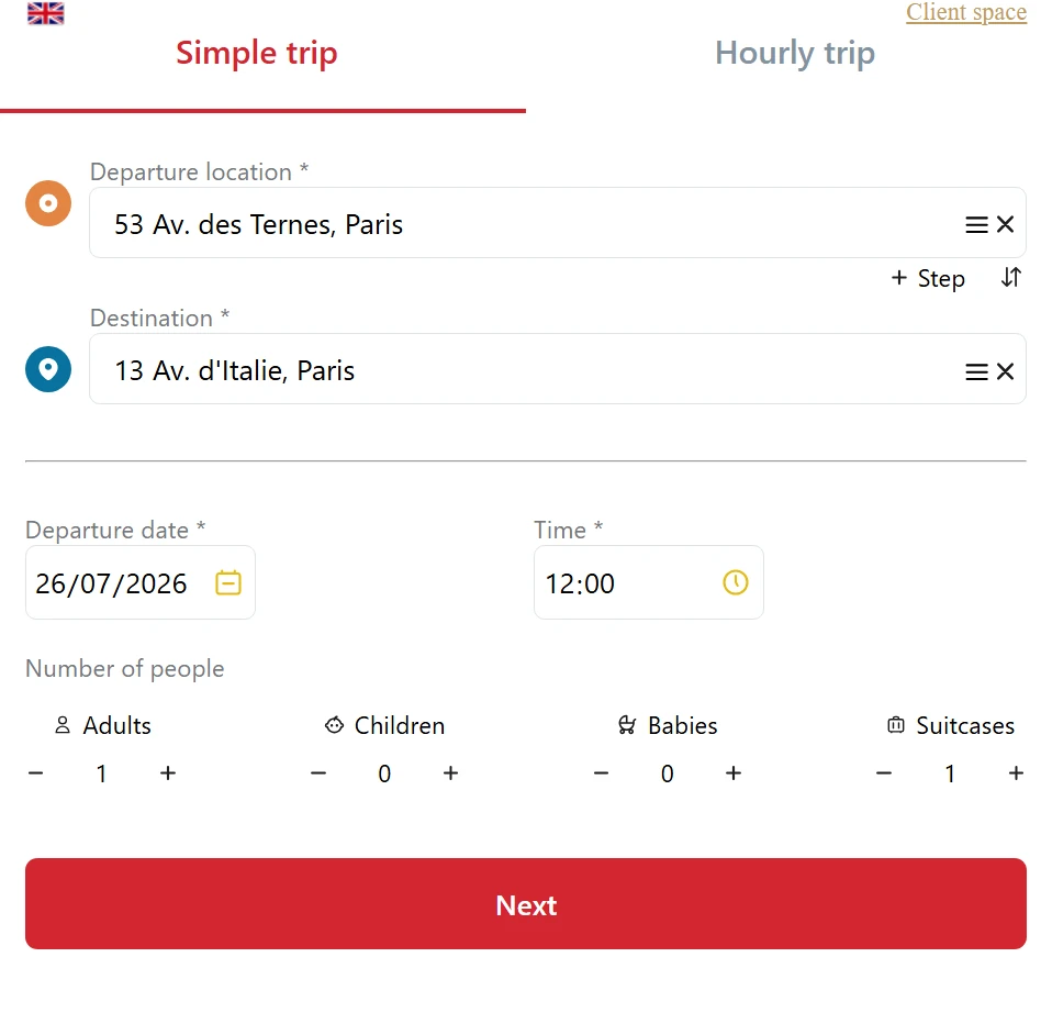 Pet taxi price simulator: enter the pick-up location, destination, date, time, passengers, and suitcases