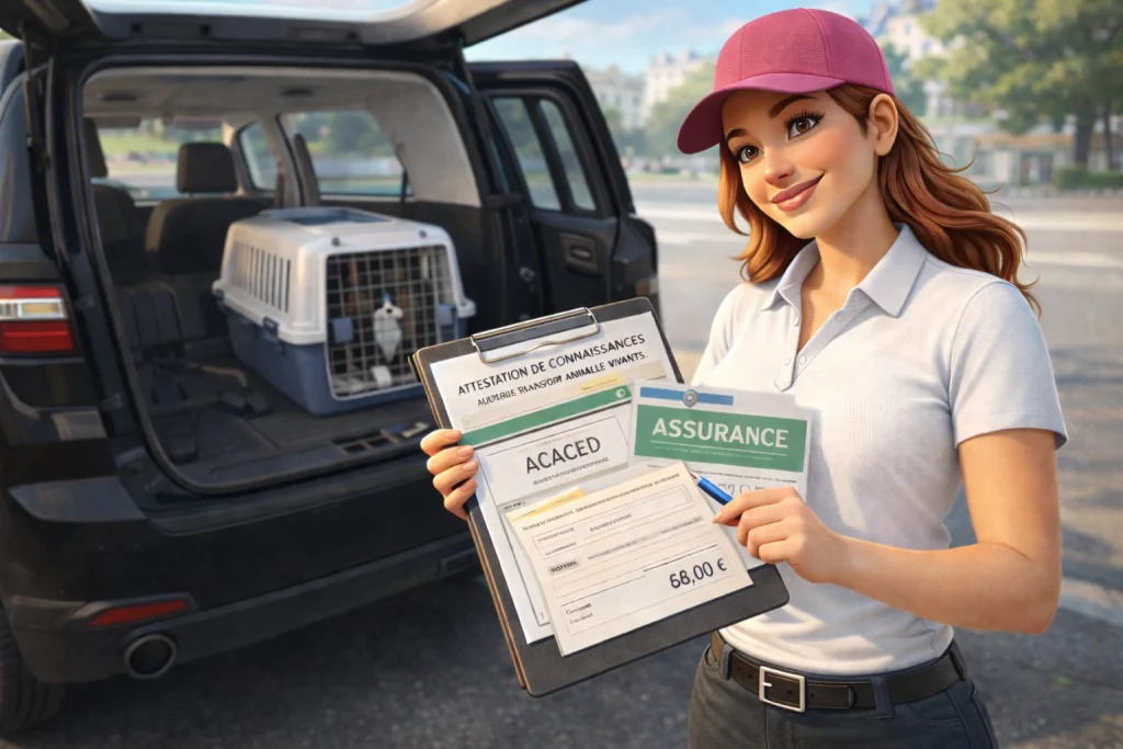 Professionnelle du transport animalier présentant les autorisations nécessaires à l’exercice du métier