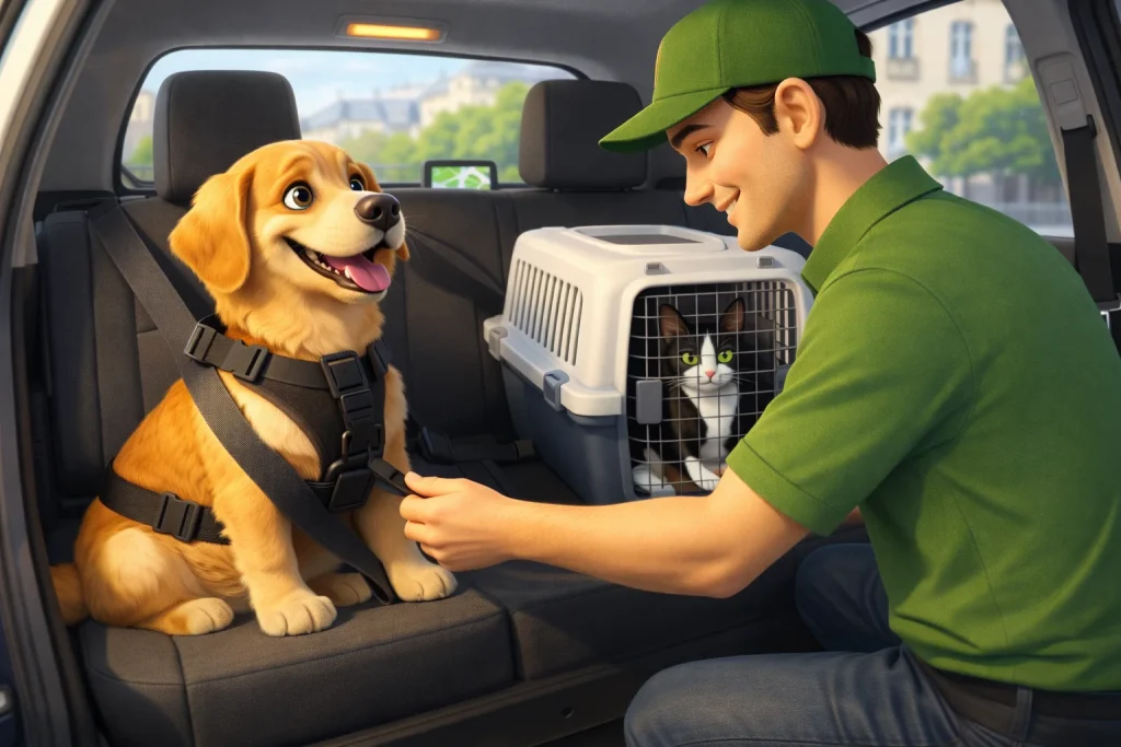 Illustration 3D d’un chauffeur de transport animalier sécurisant un chien et un chat dans un véhicule adapté