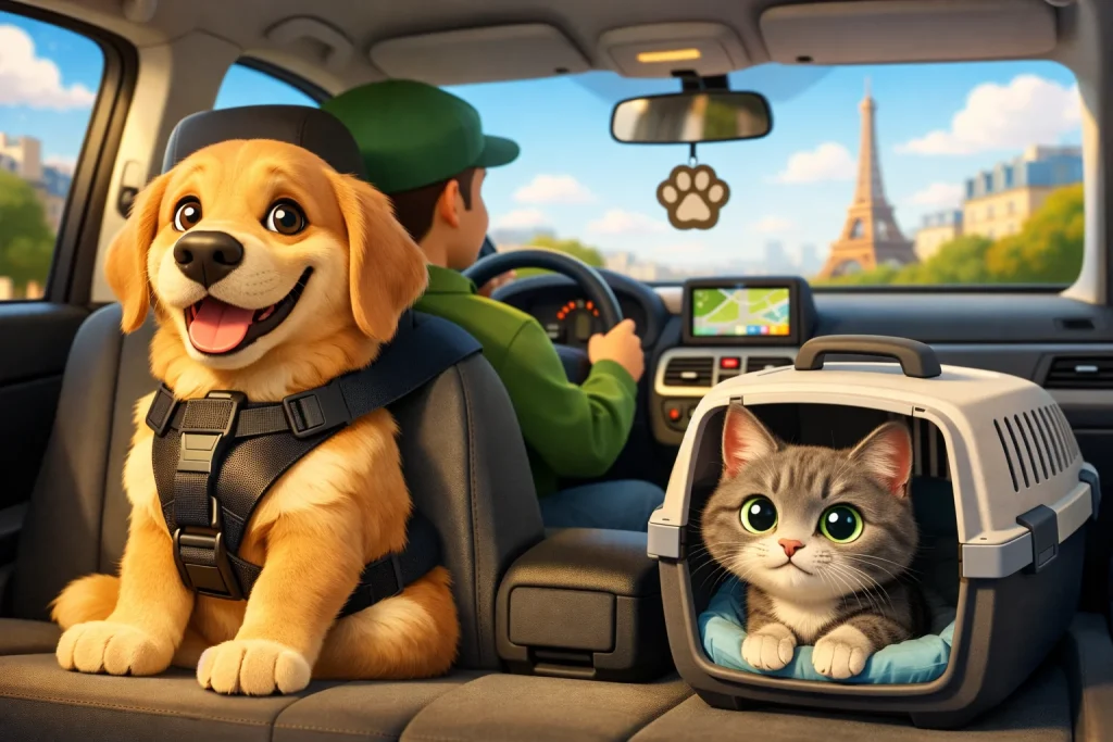 Illustration 3D d’un taxi animalier transportant un chien et un chat en toute sécurité