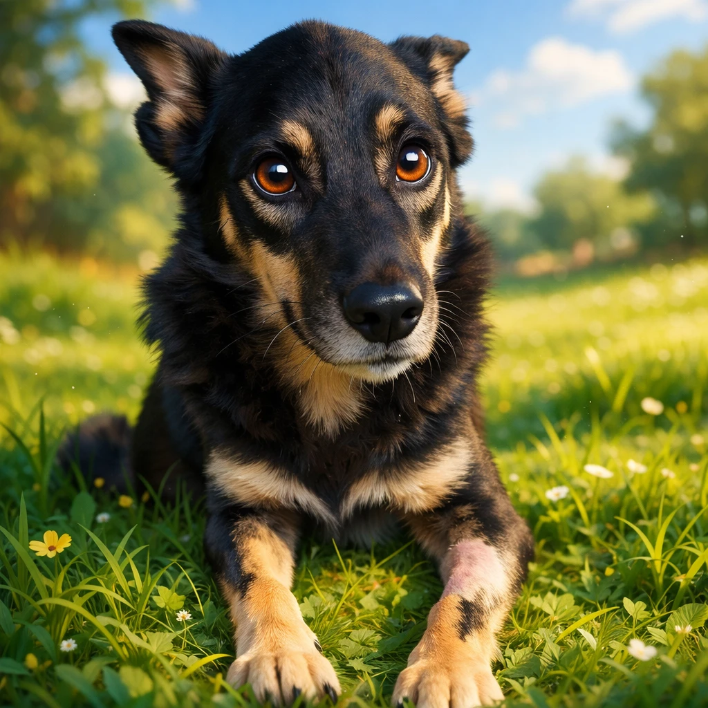 Bonnie, chienne transportée par un taxi animalier association animal, reposant dans l’herbe après son parcours