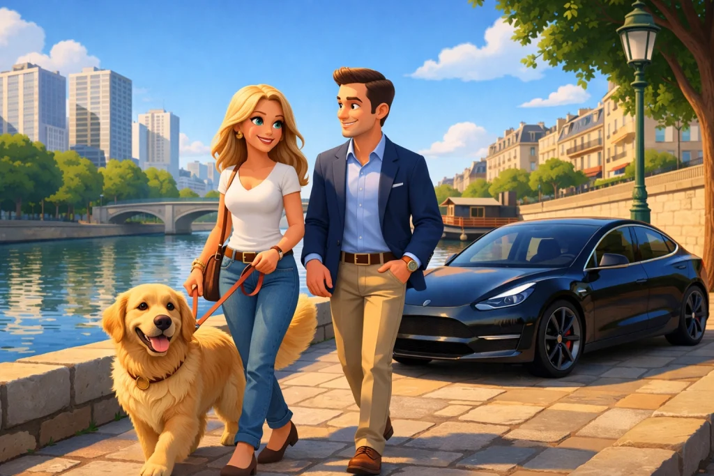 Taxi animalier Paris 13 avec Tesla Model 3 noire transportant un Golden Retriever et ses propriétaires sur les quais de Seine