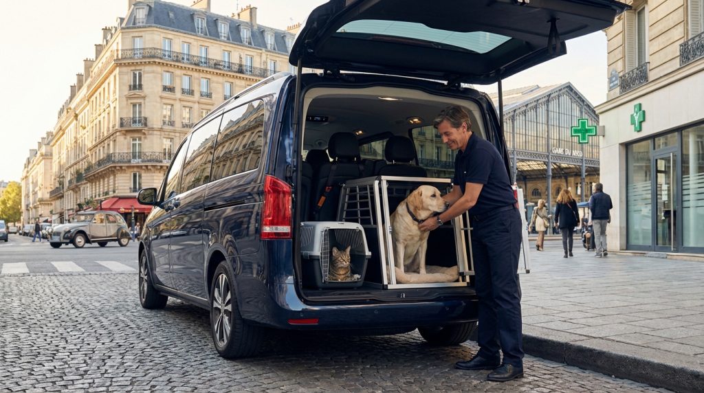 Un homme place un chien golden retriever dans une cage à l'arrière d'un van bleu, avec un chat dans une caisse. Scène à Paris, devant la Gare du Nord.