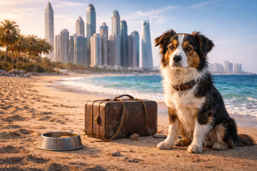 Chien abandonné sur une plage à Dubaï avec la skyline de la ville en arrière-plan, symbole de la polémique autour des animaux laissés derrière par certains expatriés.