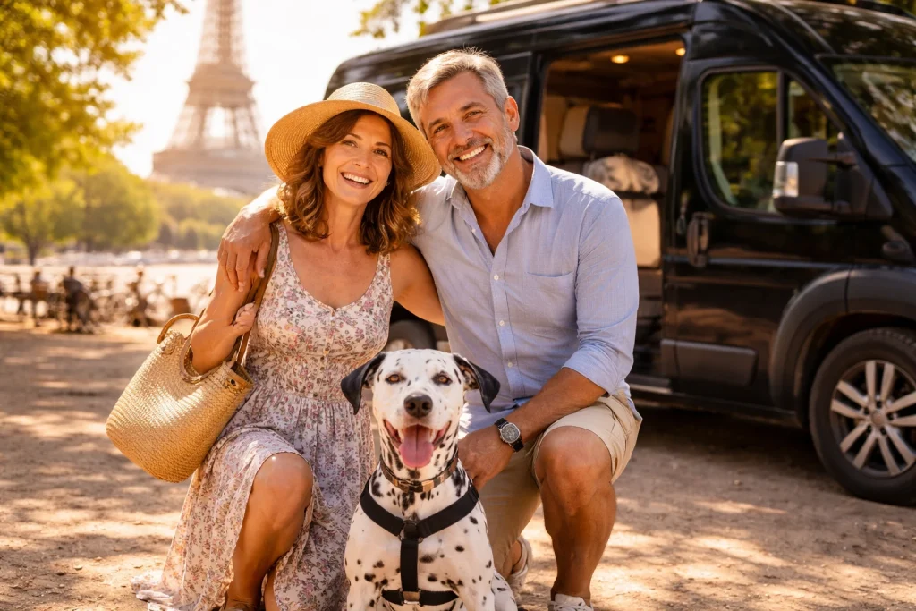 Couple with dalmatian in front of a black van in Paris during summer
