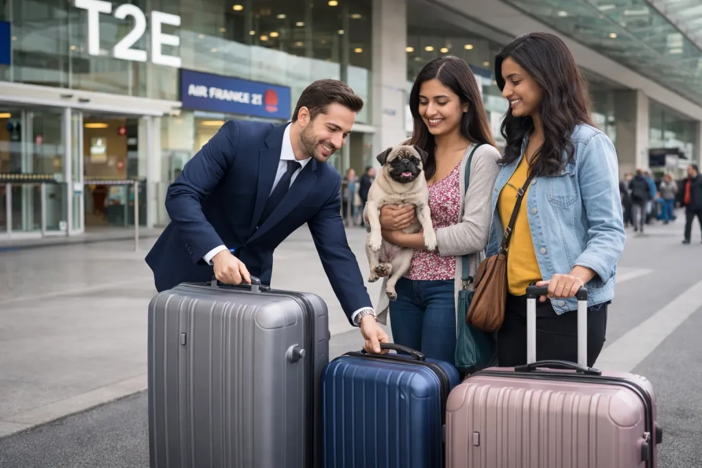 Chauffeur taxi animalier CDG 🐶 aidant deux voyageuses avec bagages et chien à l’aéroport Charles de Gaulle