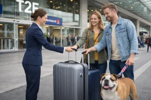Chauffeuse taxi animalier CDG 🐶 accueillant un couple avec chien à l’aéroport Charles de Gaulle