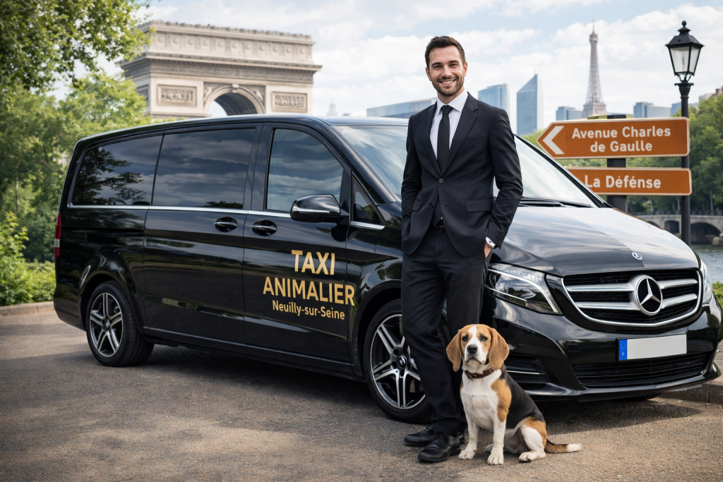 Taxi animalier Neuilly-sur-Seine avec van Mercedes noir et chauffeur en costume accompagné d’un chien Beagle devant l’avenue Charles de Gaulle