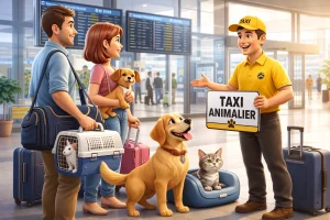 Chauffeur de taxi animalier accueillant des clients avec leur chien et leur chat dans le terminal de l’aéroport d’Orly 🐾 pour un transport sécurisé des animaux.