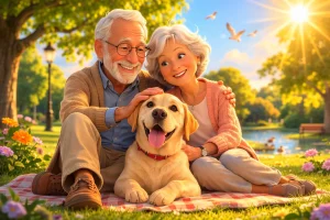 Couple de personnes âgées avec leur labrador dans un parc à Paris 14, illustration d’un service de taxi animalier pour le transport de chiens et chats.