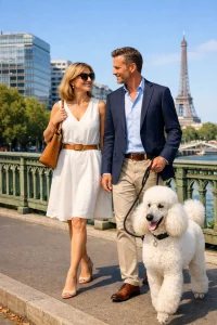 Couple élégant se promenant dans le 15ᵉ arrondissement de Paris avec un caniche royal bien toiletté par une belle journée d’été