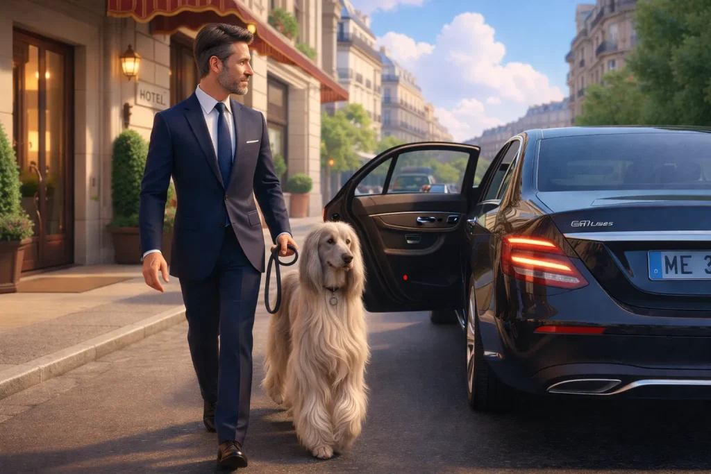 Monsieur élégant avec un lévrier afghan devant un hôtel dans le 15ᵉ arrondissement de Paris se dirigeant vers une voiture avec service de taxi animalier