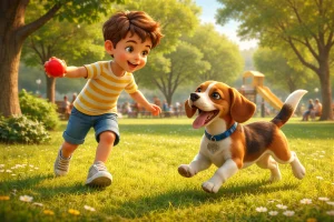 Enfant jouant avec un chien beagle dans un parc à Paris 16, illustration du service de taxi animalier pour le transport de chiens et animaux de compagnie