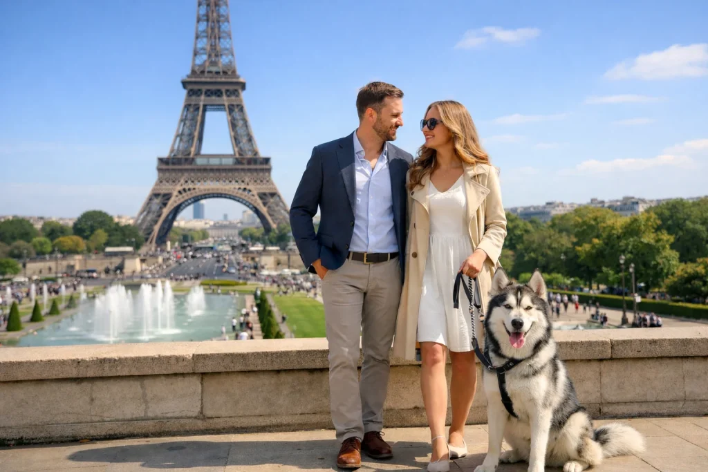 Couple élégant avec un chien husky au Trocadéro devant la Tour Eiffel à Paris 16 utilisant un service de taxi animalier pour se déplacer avec leur animal.