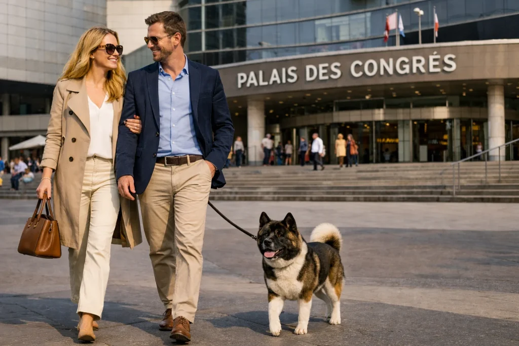 Couple avec un chien Akita devant le Palais des Congrès à Paris 17 utilisant un service de taxi animalier pour leurs déplacements avec animal.