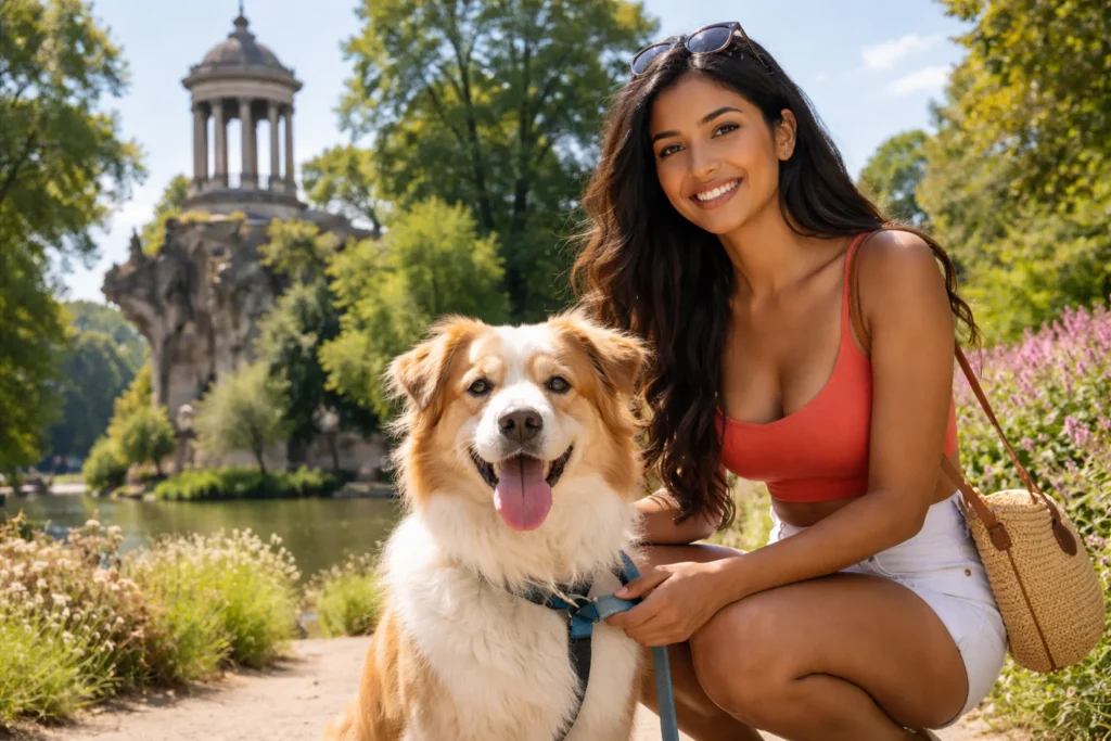 Taxi animalier Paris 19 au parc des Buttes-Chaumont avec une jeune femme et son chien profitant d’une balade dans le 19ᵉ arrondissement de Paris.