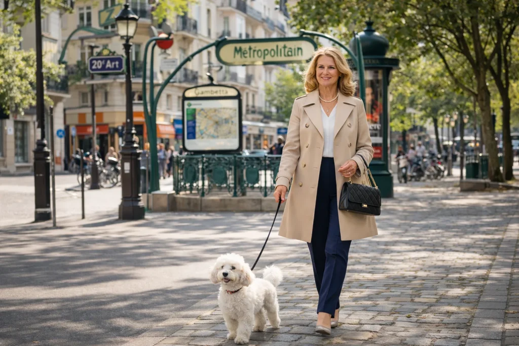 Dame élégante se promenant avec son caniche blanc dans le 20ᵉ arrondissement de Paris près de Gambetta avec un service de taxi animalier Paris 20