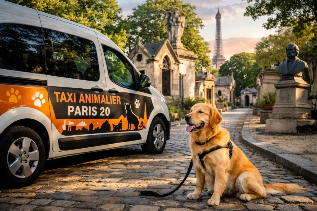 Taxi animalier Paris 20 transportant un chien prĂšs du cimetiĂšre du PĂšre-Lachaise dans le 20á” arrondissement de Paris