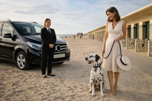 Taxi animalier Paris Deauville avec dalmatien sur la plage de Deauville