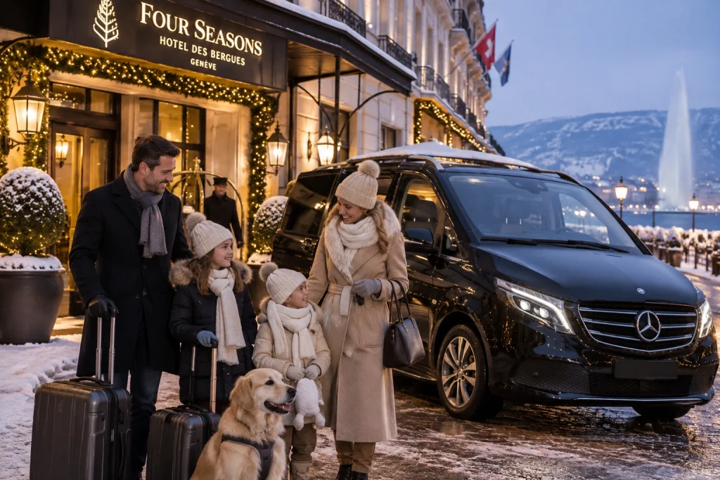 Famille voyageant en hiver avec son chien devant un hôtel de Genève après un trajet en Taxi Animalier Paris Genève.
