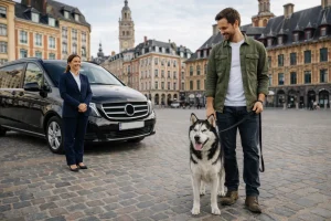 Taxi animalier Paris Lille avec husky dans le centre-ville au style flamand