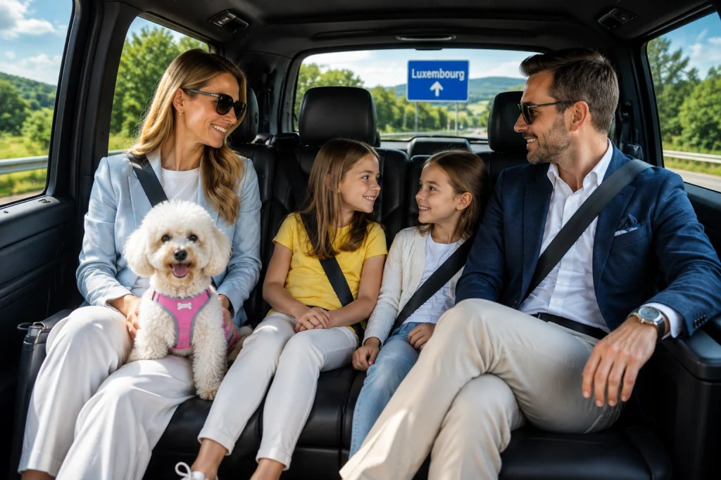 Famille voyageant en van premium avec un caniche blanc lors d'un trajet Taxi Animalier Paris Luxembourg.