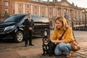 Taxi animalier Paris Toulouse avec bouledogue français devant la place du Capitole