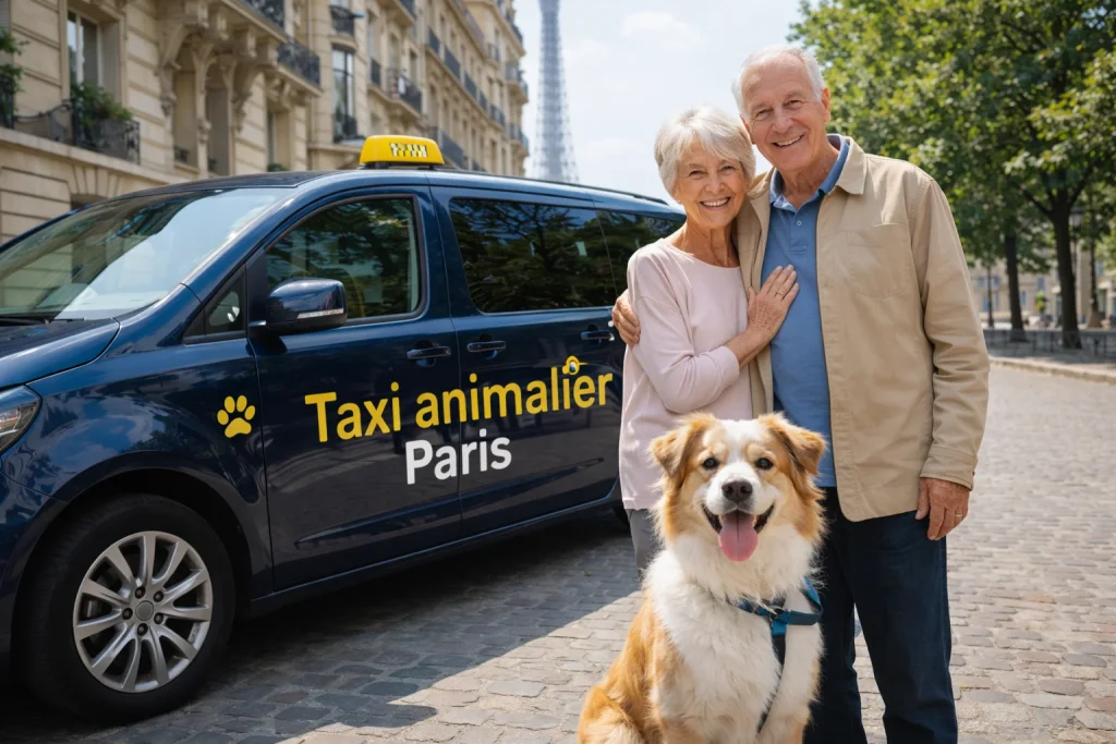 Taxi animalier Paris 19 avec un couple et leur chien devant un véhicule de transport animalier près du parc des Buttes-Chaumont et du bassin de la Villette.