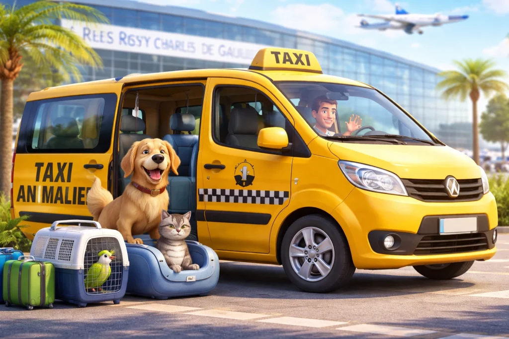 Taxi animalier Roissy transportant un chien et un chat devant l’aéroport Charles-de-Gaulle pour un transfert sécurisé vers Paris ou la région.
