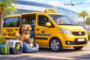 Taxi animalier Roissy transportant un chien et un chat devant l’aéroport Charles-de-Gaulle pour un transfert sécurisé vers Paris ou la région.
