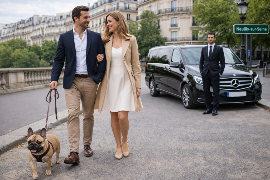 Taxi chien Neuilly-sur-Seine avec couple élégant se promenant avec un bouledogue français et chauffeur privé en van Mercedes noir en arrière-plan