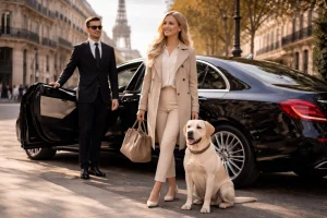 Taxi chien Paris avec labrador et chauffeur privé devant une berline à Paris