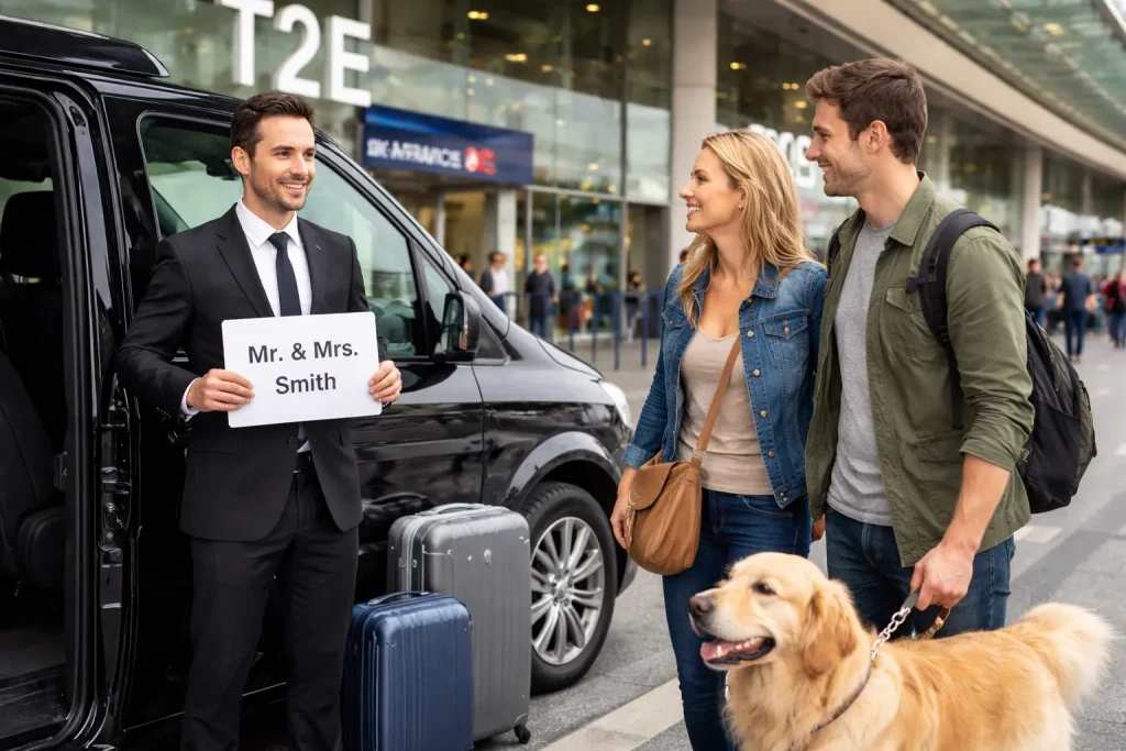 Conductor taxi mascotas CDG 🐶 recibiendo pasajeros con perro en aeropuerto Charles de Gaulle