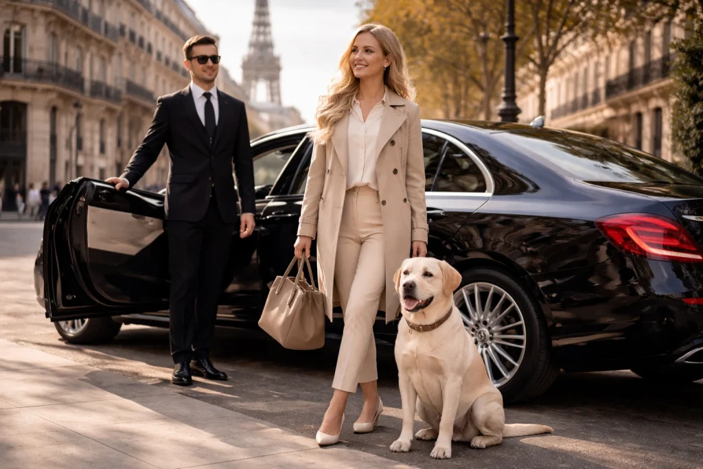 Taxi perros París con labrador y conductor privado junto a una berlina en París