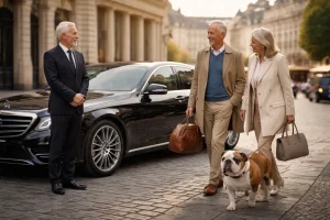 Pet taxi Paris Luxembourg with elegant couple and bulldog in front of a luxury sedan