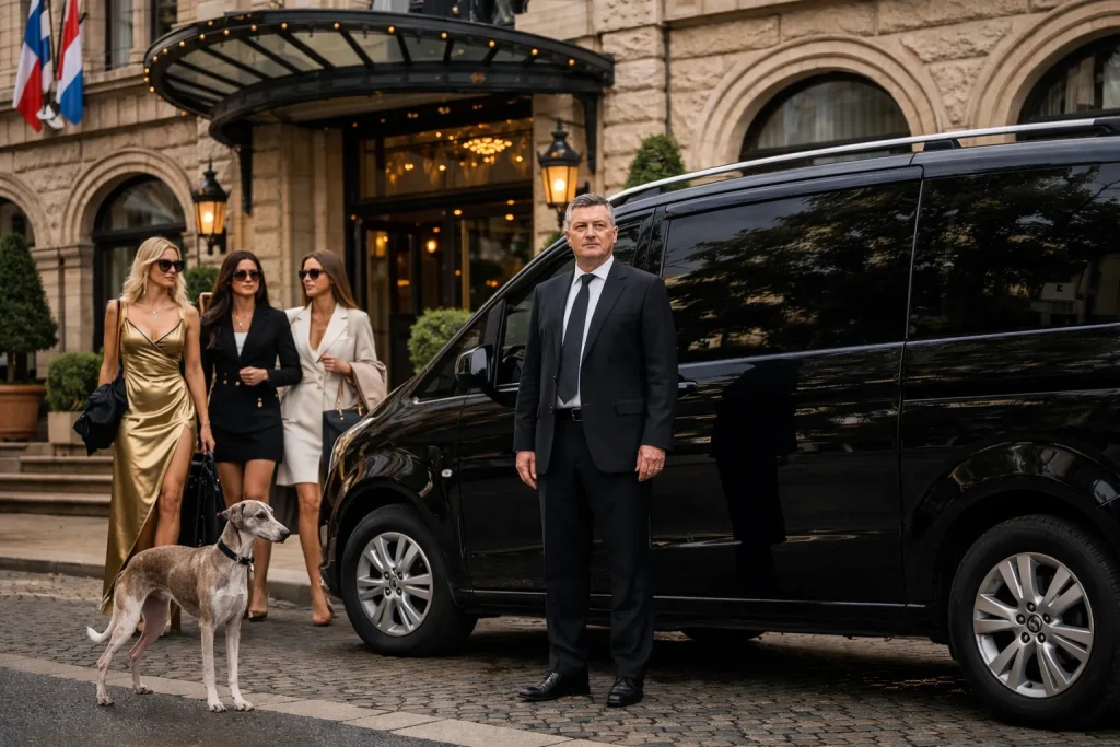 Taxi animalier Paris Luxembourg avec van noir haut de gamme, chauffeur en costume et clientes élégantes avec chien whippet devant hôtel de luxe