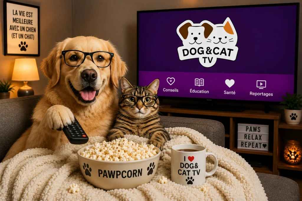 Chien et chat regardant Dog & Cat TV, une chaîne consacrée au bien-être animal et aux animaux de compagnie