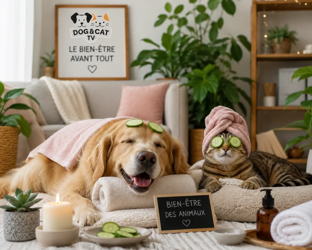 Dog & Cat TV présente un chien Golden Retriever et un chat profitant d'un moment de détente et de bien-être dans un espace spa