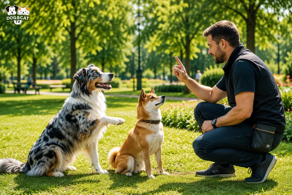 Dog & Cat TV présente un Berger Australien bleu merle et un Shiba Inu roux participant à un cours d'éducation canine dans un parc verdoyant