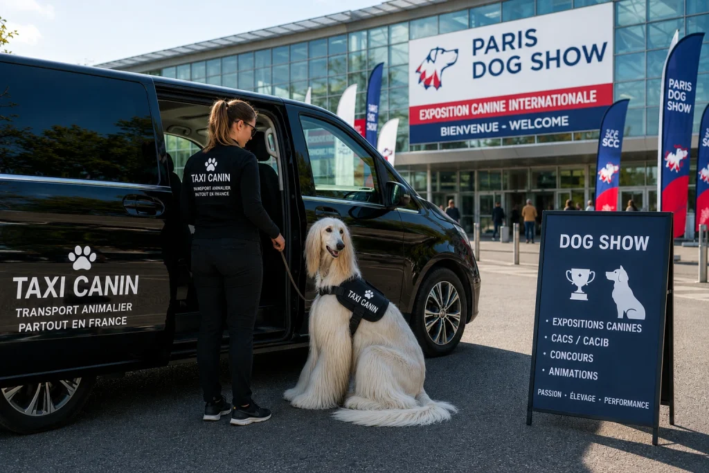 Dog Taxi transporting a white Afghan Hound to the Paris Dog Show in France. Professional dog transport for dog shows, competitions and exhibitions.