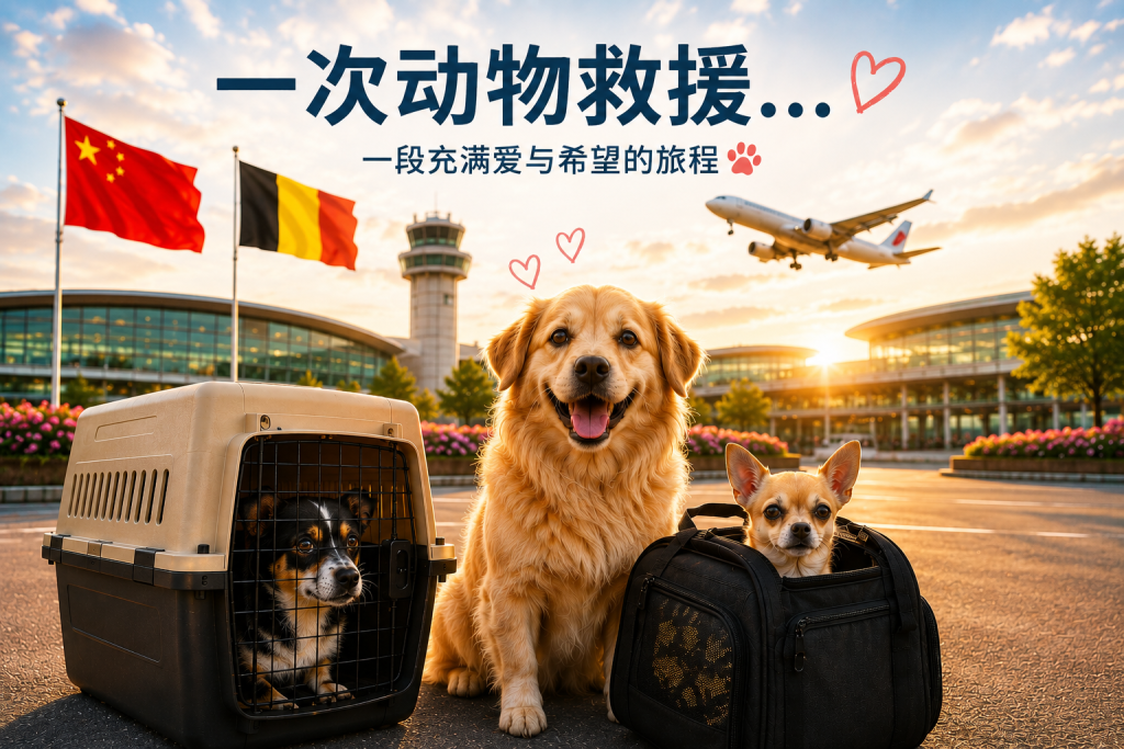 展示 Pet Taxi 从中国经巴黎戴高乐机场前往比利时运输获救犬只，并与 SHS Animal Rescue 合作执行救援任务的插图。